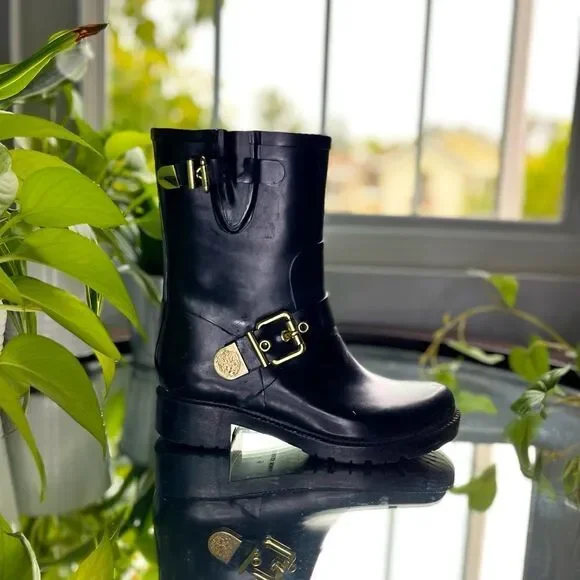 Vince Camuto Rain Boots With Gold Accents Rubber and Black Boots Size 6​​​ - Picture 2 of 14